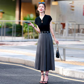 复古修身显瘦，立领盘扣针织上衣搭高腰半裙两件套HR-WY98099