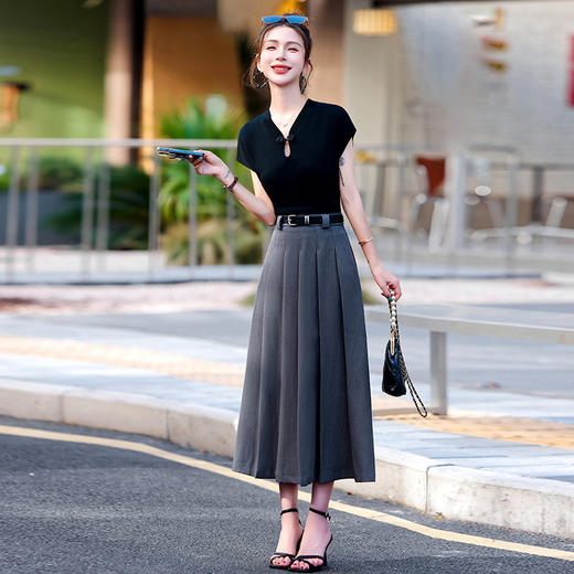 复古修身显瘦，立领盘扣针织上衣搭高腰半裙两件套HR-WY98099 商品图0