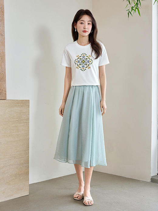 【清仓特卖】熙世界轻国风刺绣白色T恤女短袖2024夏季新款百搭圆领体恤衫上衣 商品图4