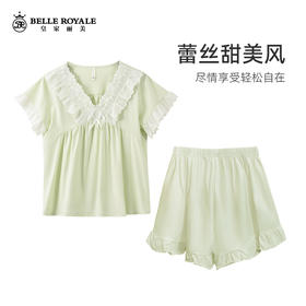 睡衣女士夏季棉套头宽松甜美少女蕾丝短袖短裤清凉薄款家居服套装JJT9927