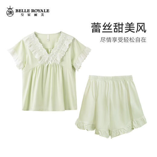 睡衣女士夏季棉套头宽松甜美少女蕾丝短袖短裤清凉薄款家居服套装JJT9927 商品图0