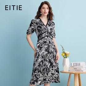 EITIE爱特爱夏款新品V领显瘦高腰舒适印花复古连衣裙7407118