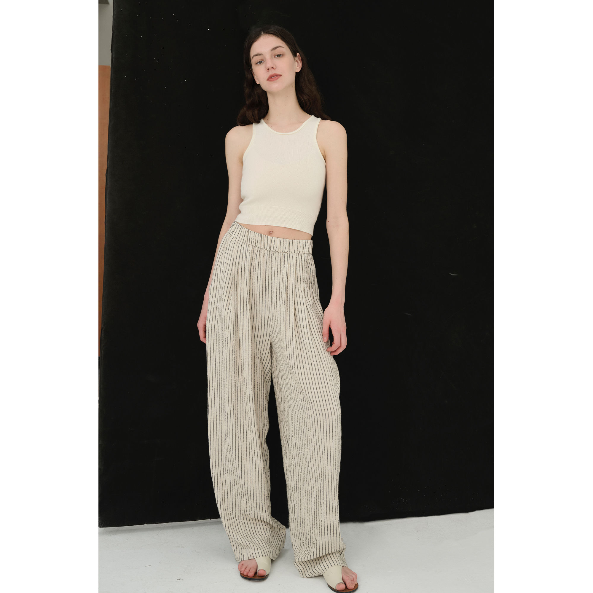 MAISON CECILE亚麻条纹松紧腰实穿懒人神裤