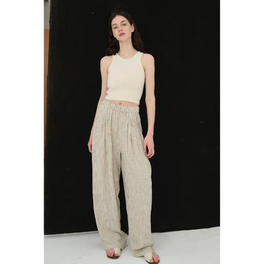 MAISON CECILE亚麻条纹松紧腰实穿懒人神裤 商品图0