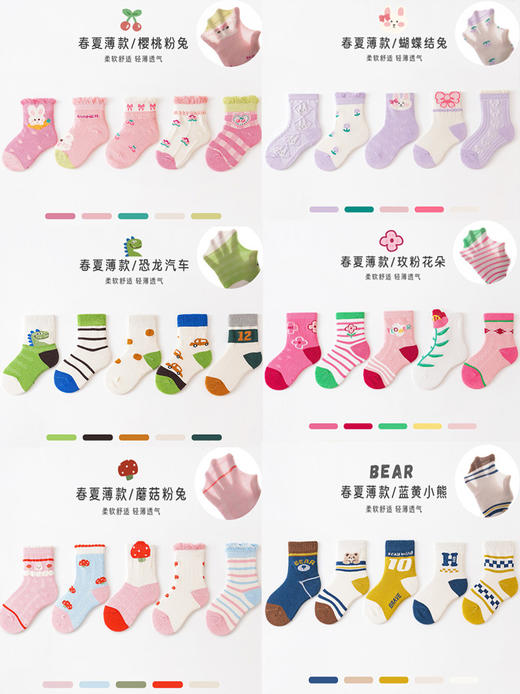 【5双装！轻薄透气中筒袜】儿童袜子春夏薄款卡通童袜精梳棉纯中筒袜学生运动潮袜男女宝宝袜 商品图4