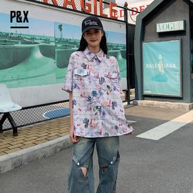P&X设计师女装夏季衬衣时尚港风满印短款衬衫 824205298 花色