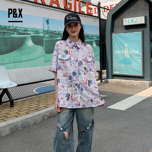P&X设计师女装夏季衬衣时尚港风满印短款衬衫 824205298 花色 商品图0