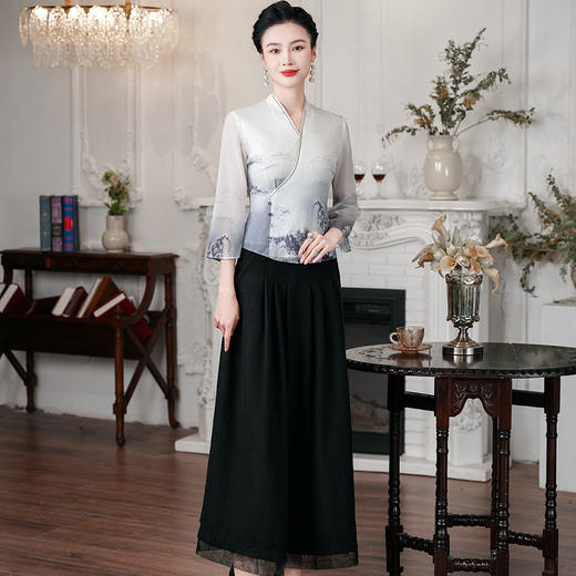 新中式中国风，禅意水墨V领旗袍雪纺上衣两件套HH-9973 商品图3
