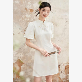 新中式国风提花连衣裙女夏季高级感收腰立领花苞袖连衣裙V1341119