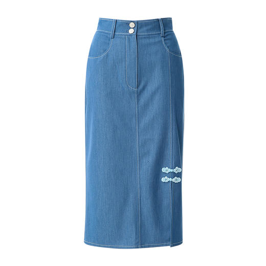 EITIE爱特爱夏季新款时尚复古高腰包臀中式盘扣牛仔蓝半身裙B2406314 商品图5