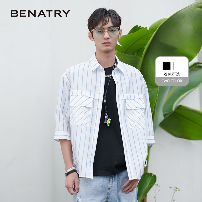贝纳川衬衫男短袖夏季新款时尚条纹工装七分袖衬衣ECK221001402