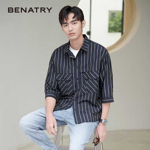 贝纳川衬衫男短袖夏季新款时尚条纹工装七分袖衬衣ECK221001402 商品图5