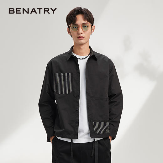 贝纳川工装衬衣男士日系春秋宽松休闲长袖衬衫翻领工装条纹外套 ECK111002 商品图5