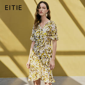 EITIE爱特爱夏季新款修身显瘦优雅V领印花荷叶袖连衣裙7407145