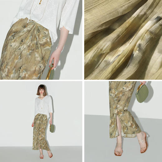 COCOBELLA设计感扭结写意印花炒色半身裙夏油画风压褶长裙HS0011 商品图1