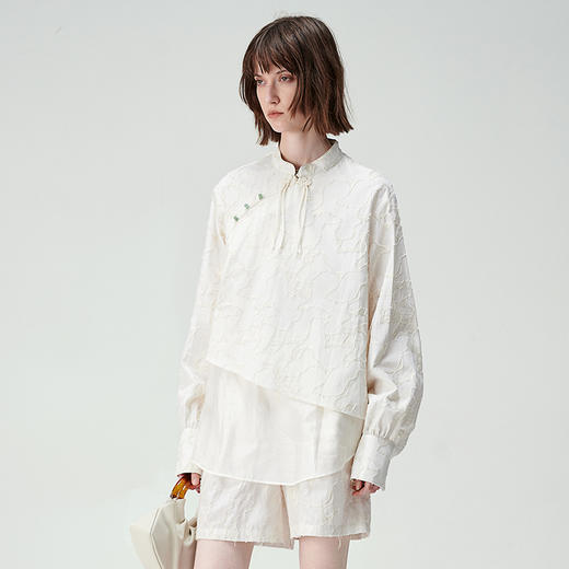 SELFWHO 假两件新中式衬衫女2024早春新款复古宽松设计感休闲上衣 商品图0