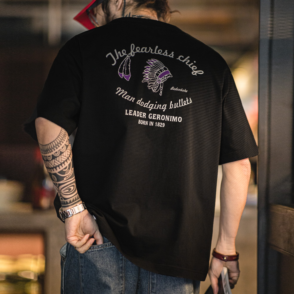 工装优选美式复古印第安字母印花t恤宽松半袖重磅纯棉短袖Tee男夏