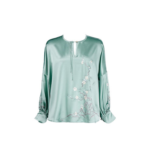 荷言HEYEN国风珠玑改良新中式蓝色上衣仿真丝醋酸梅花刺绣苏绣衬衣新品 商品图4