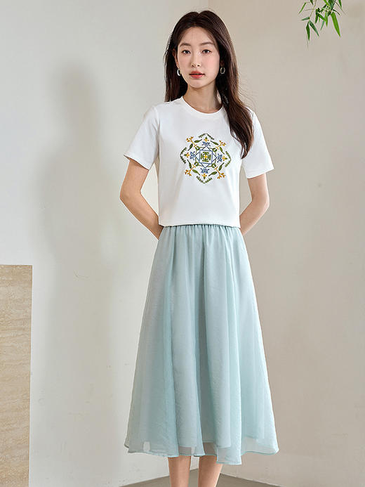 【清仓特卖】熙世界轻国风刺绣白色T恤女短袖2024夏季新款百搭圆领体恤衫上衣 商品图2