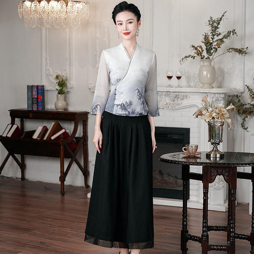 新中式中国风，禅意水墨V领旗袍雪纺上衣两件套HH-9973 商品图2