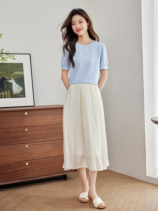 【专属特价】熙世界欧根纱蕾丝雪纺衫2025夏装新款圆领宽松宫廷风泡泡袖上衣 商品图4