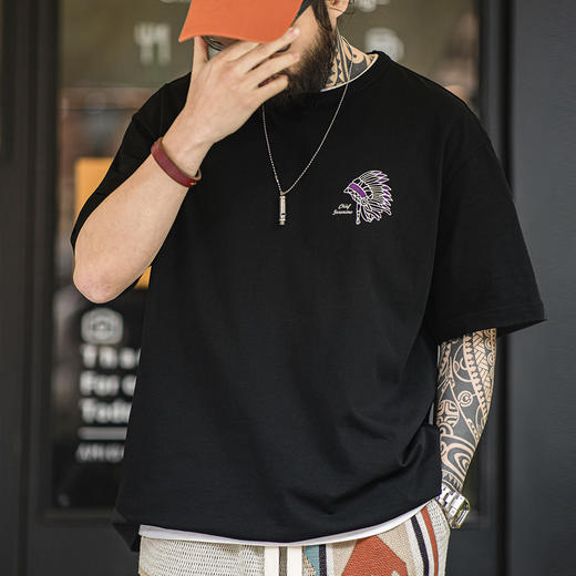 工装优选美式复古印第安字母印花t恤宽松半袖重磅纯棉短袖Tee男夏 商品图3