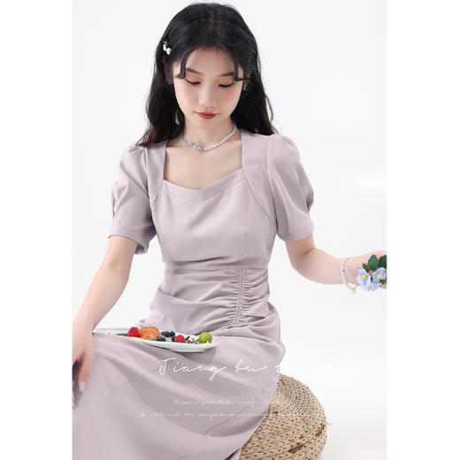 鹿向南【你若成风】法式紫色短袖连衣裙女2025夏新款气质收腰裙子 商品图4