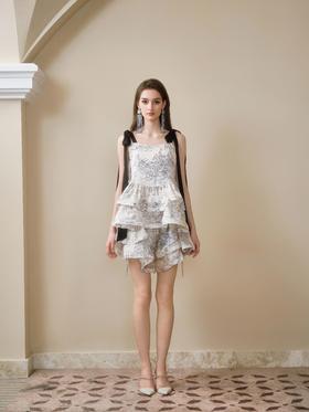 白色洛神赋手绘印花水晶纱大摆裙裤