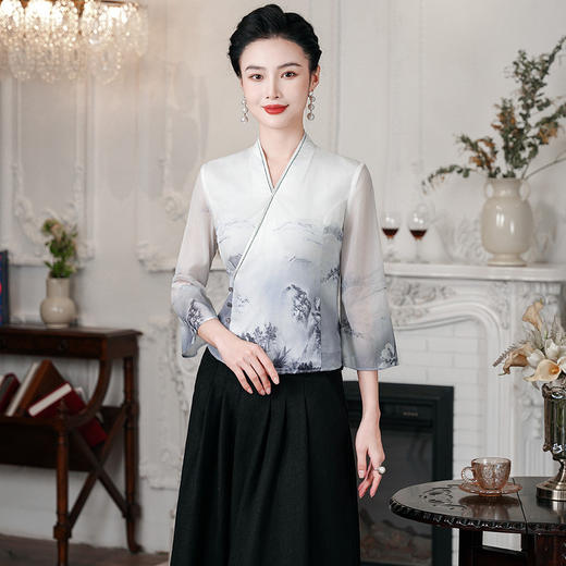 新中式中国风，禅意水墨V领旗袍雪纺上衣两件套HH-9973 商品图0
