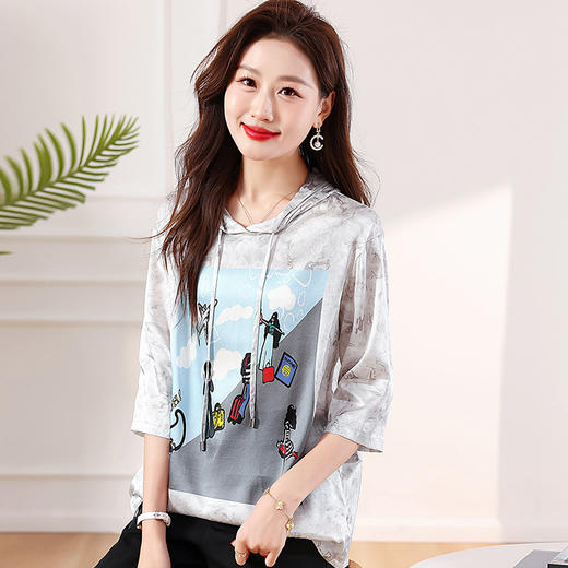 弹力缎真丝上衣，中袖设计感连帽宽松印花桑蚕丝小衫KQN-85507 商品图3