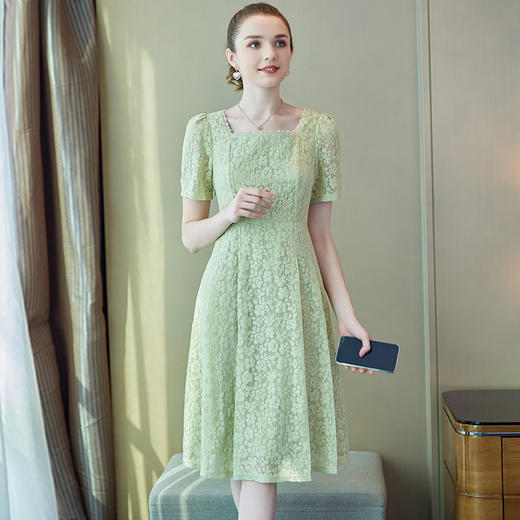 奢姿2025年夏季新款大码女装气质方领蕾丝连衣裙胖妹妹时尚裙子9942863013 商品图2
