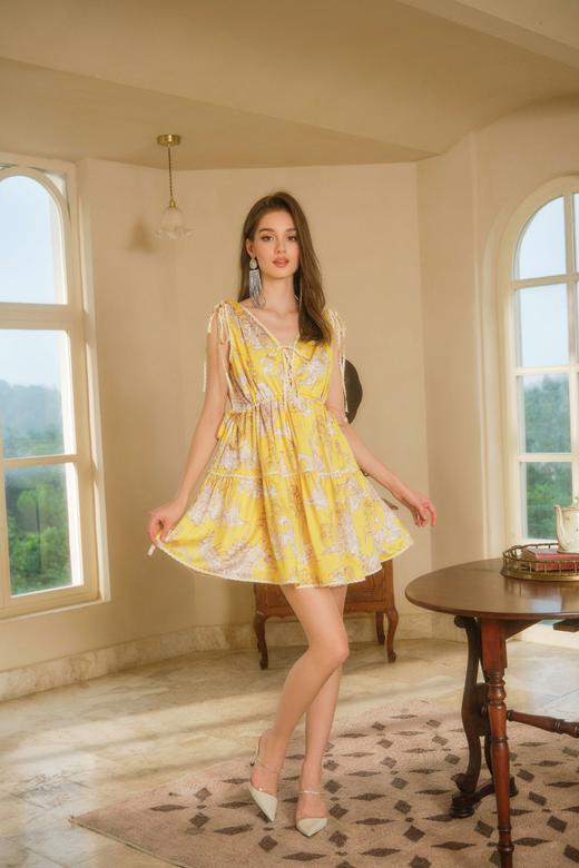 黄色洛神赋手绘印花泡泡纱抽绳连衣裙 商品图0