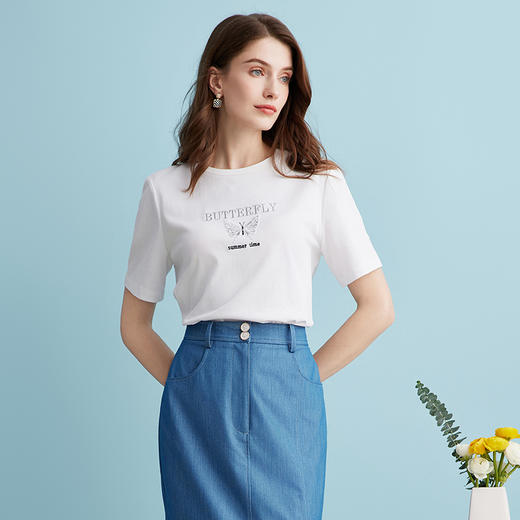 EITIE爱特爱夏季新款时尚休闲百搭舒适简约印花T恤上衣女B2402308 商品图5