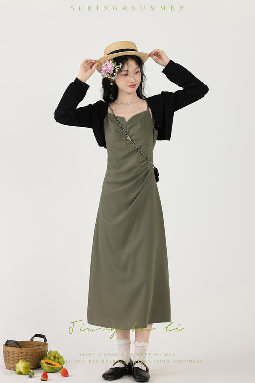 鹿向南【林荫鸣蝉】新中式绿色吊带连衣裙女2024国风初夏穿搭套装 商品图5
