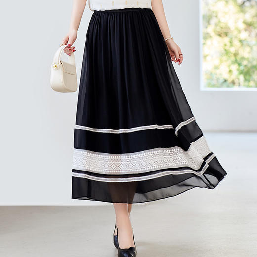 春夏新款桑蚕丝拼色优雅半身裙LS42496162 商品图3