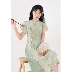 鹿向南【荷香露浓】新中式国风印花连衣裙女旗袍立领盘扣中长裙QYM001473