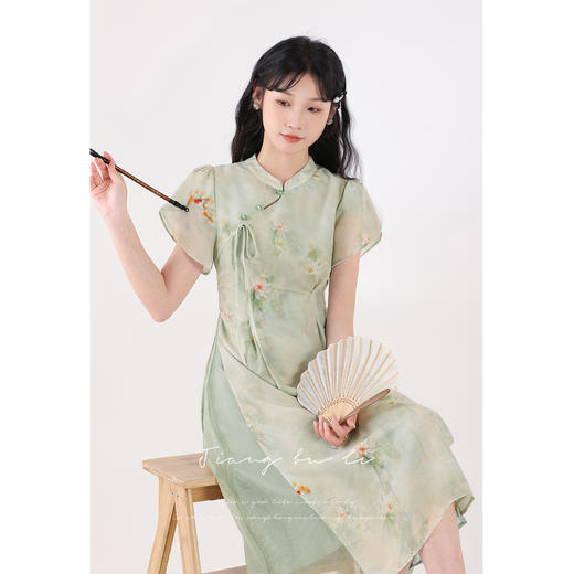 鹿向南【荷香露浓】新中式国风印花连衣裙女旗袍立领盘扣中长裙QYM001473 商品图0