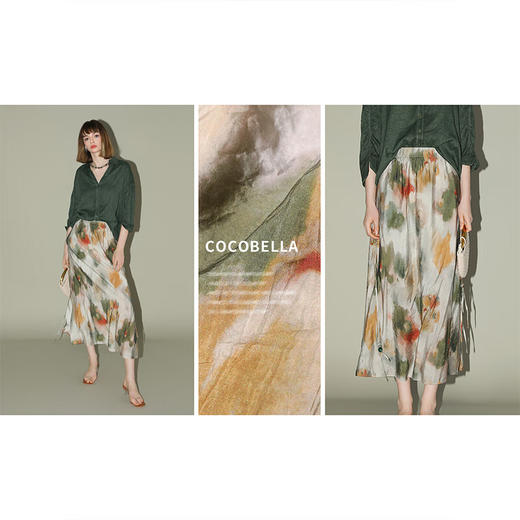 COCOBELLA国风晕染印花半身裙新中式串珠飘带大摆长裙HS7019 商品图1