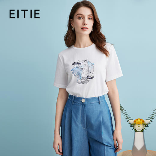 EITIE爱特爱夏季新款简约百搭显瘦柔软印花T恤上衣B2402306 商品图0