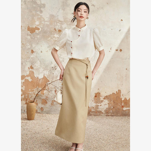 暗纹缎面新中式小立领吊珠盘扣衬衫女春夏季古韵端庄衬衣V1140881 商品图1