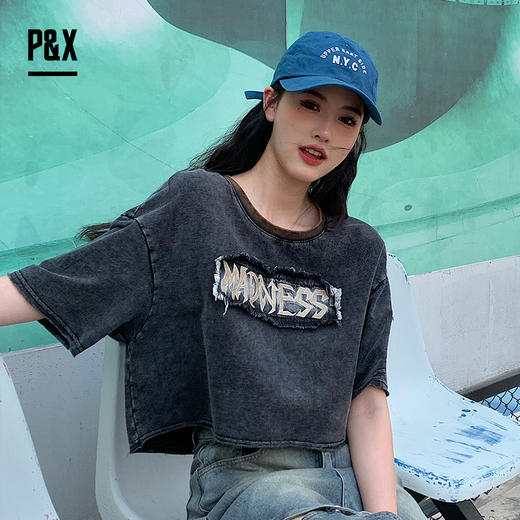 P&X设计师女装夏季时尚复古街头短款T恤 824202574 黑色 商品图0
