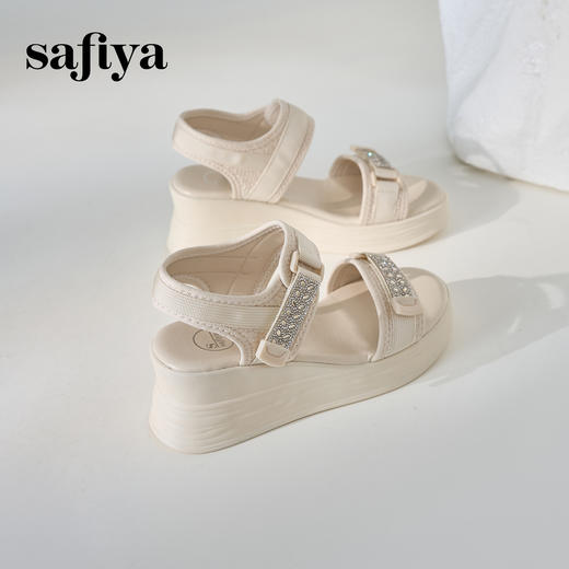 Safiya/索菲娅2024夏新款烫钻魔术贴坡跟休闲厚底运动凉鞋 SF42115177 商品图5