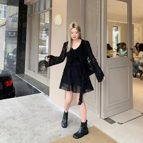 2024月夜芭蕾~V领蕾丝绑带小衫+半身裙2件套装