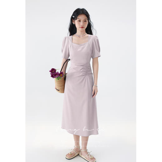 鹿向南【你若成风】法式紫色短袖连衣裙女2025夏新款气质收腰裙子 商品图1