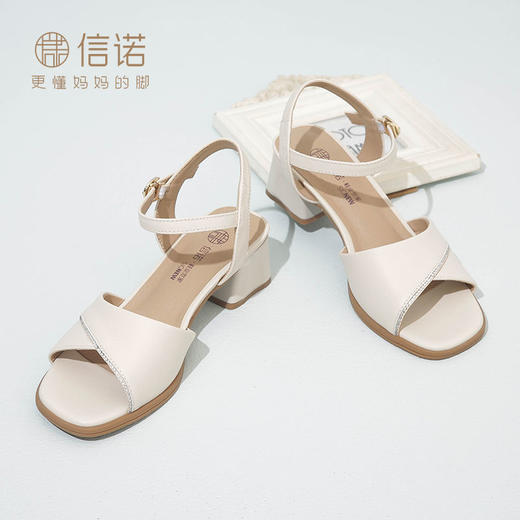 信诺 真皮舒适女鞋 2024新款夏季中年妈妈凉鞋粗跟百搭中跟高跟鞋L179-3 商品图2