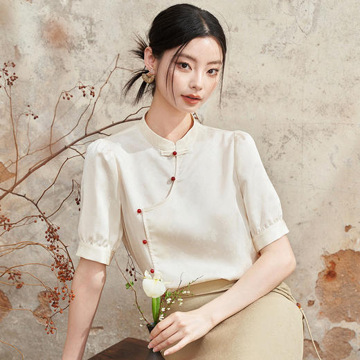 暗纹缎面新中式小立领吊珠盘扣衬衫女春夏季古韵端庄衬衣V1140881 商品图2