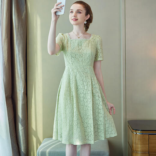 奢姿2025年夏季新款大码女装气质方领蕾丝连衣裙胖妹妹时尚裙子9942863013 商品图1