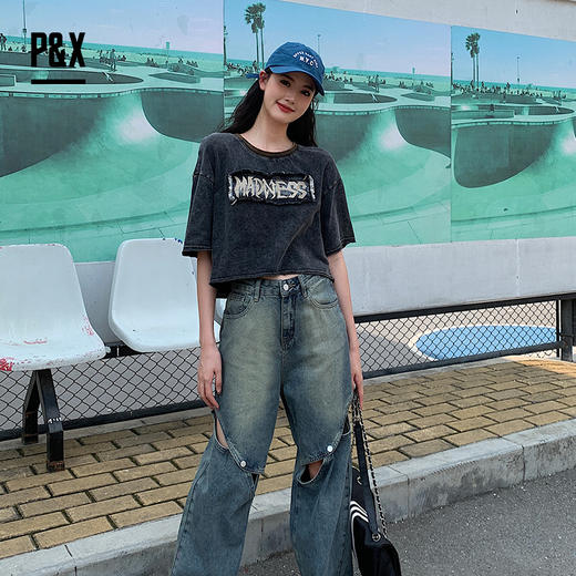 P&X设计师女装夏季时尚复古街头短款T恤 824202574 黑色 商品图1