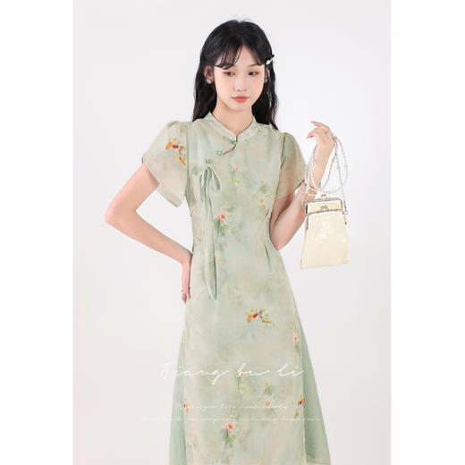 鹿向南【荷香露浓】新中式国风印花连衣裙女旗袍立领盘扣中长裙QYM001473 商品图2