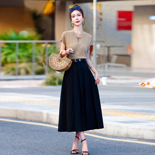 复古修身显瘦，立领盘扣针织上衣搭高腰半裙两件套HR-WY98099 商品图1